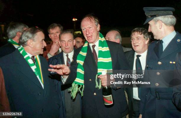 Dublin , Ireland - 17 November 1993; Taoiseach Albert Reynolds T.D. Welcomes Republic of Ireland manager Jack Charlton at Dublin Airport on the teams...