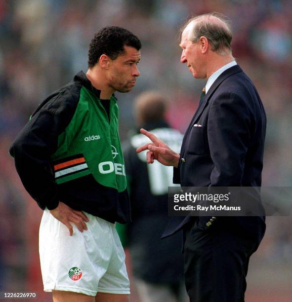 Stuttgart , Germany - 29 May 1994; Republic of Ireland manager Jack Charlton has a word with Paul McGrath during the International Friendly match...