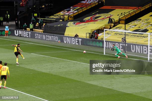 Troy Deeney of Watford scores their 1st goal with a penalty during the Premier League match between Watford FC and Newcastle United at Vicarage Road...