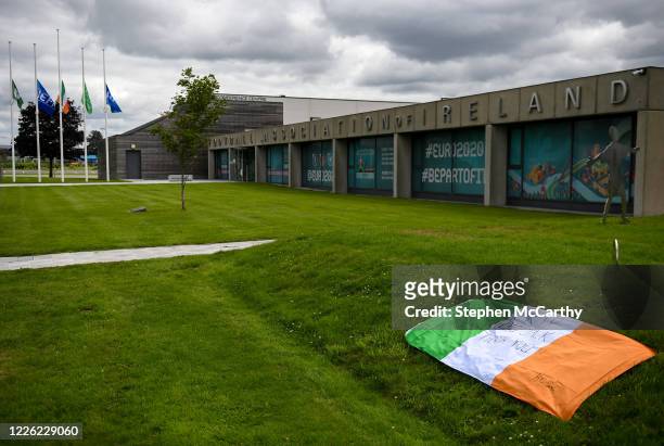Dublin , Ireland - 11 July 2020; A tribute is placed outside the FAI Headquarters in Abbotstown, Dublin, as a mark of respect to the passing of...