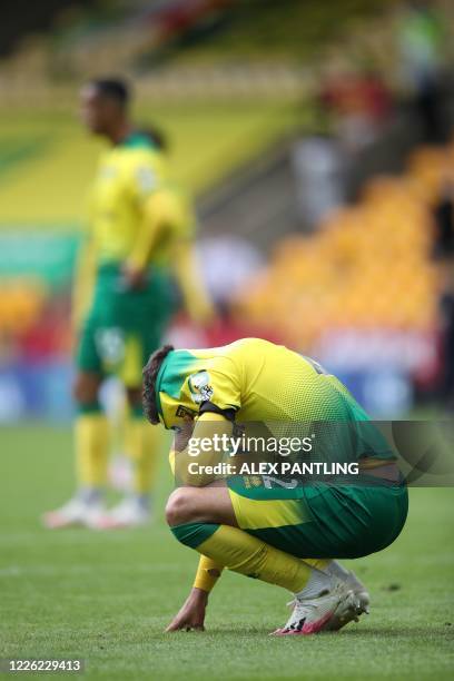 Norwich City's English defender Max Aarons reacts at the end of the English Premier League football match between Norwich City and West Ham United at...