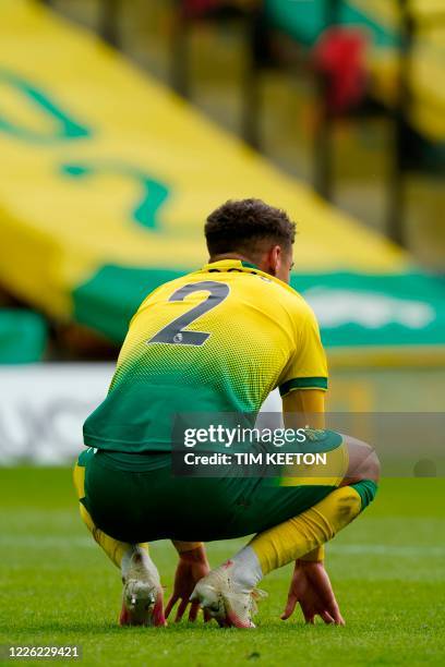 Norwich City's English defender Max Aarons reacts at the end of the English Premier League football match between Norwich City and West Ham United at...