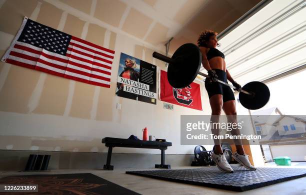 Two-time Olympic gold medalist track-and-field sprinter Natasha Hastings works out at home on May 20, 2020 in Cedar Park, Texas. The U.S. Trials and...
