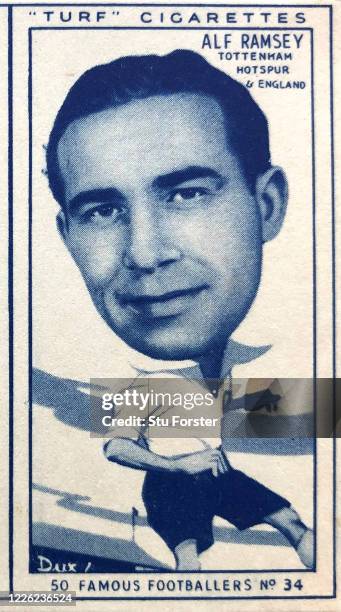 Alf Ramsey of Tottenham Hotspur illustrated on a Turf Famous Footballers Tobacco Cigarette Card from 1951.