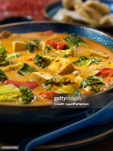 creamy tofu curry soup with vegetables - rice noodles stock pictures, royalty-free photos & images
