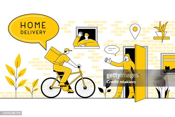 stockillustraties, clipart, cartoons en iconen met het leveringsconcept van de huislevering - fiets naar het werk