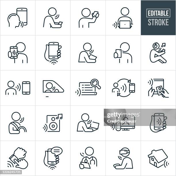 stockillustraties, clipart, cartoons en iconen met spraakherkenningstechnologie dunne lijnpictogrammen - bewerkbare lijn - speech recognition