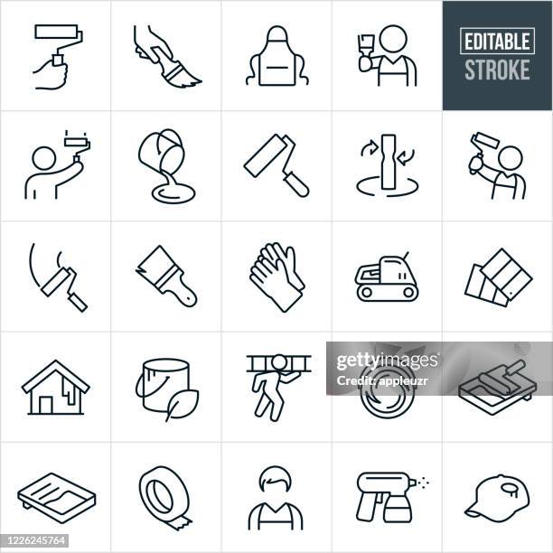 stockillustraties, clipart, cartoons en iconen met house painting thin line iconen - bewerkbare lijn - line art painter