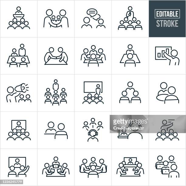 business meetings und seminare thin line icons - editable stroke - feinlinige illustration stock-grafiken, -clipart, -cartoons und -symbole