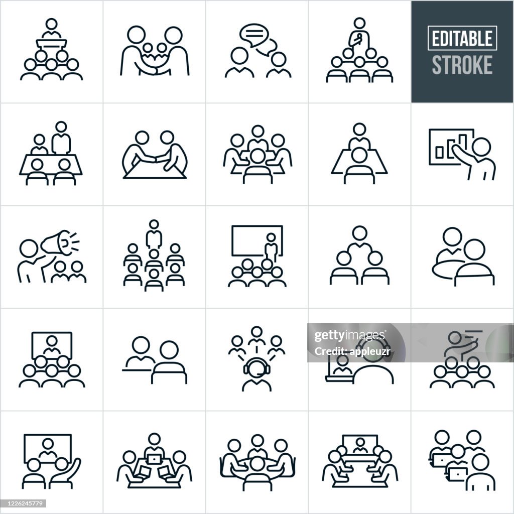 Business Meetings and Seminars Thin Line Icons - Editable Stroke