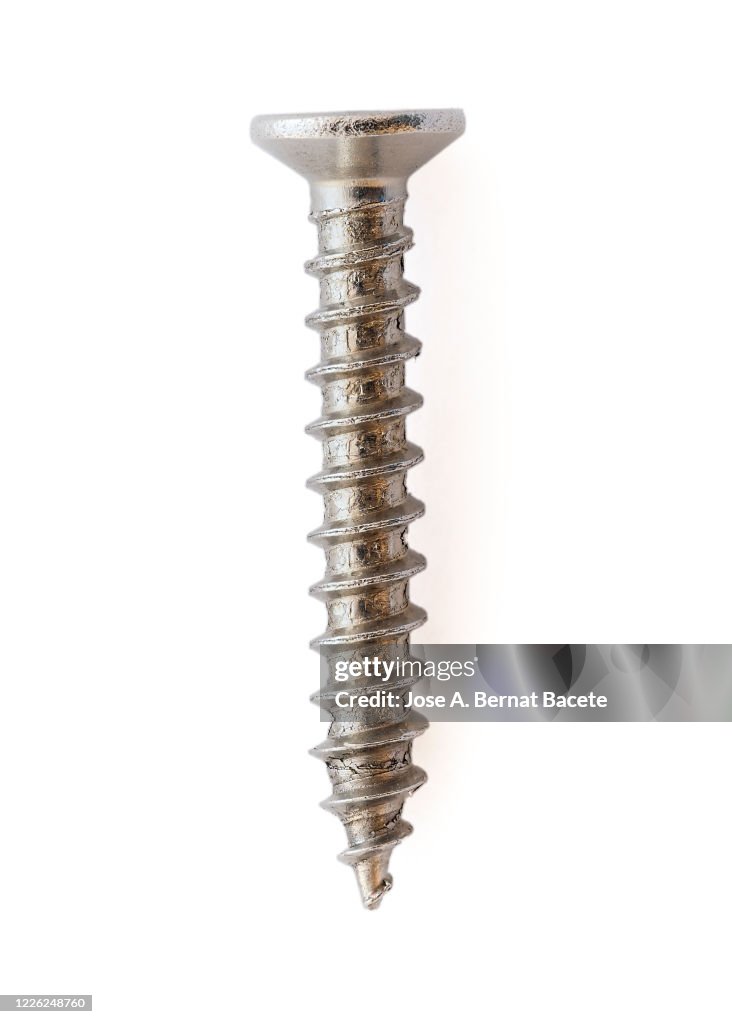 Silver colored screw on a white background.