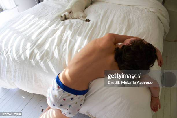 rear view of a little boy lying on his stomach across the bottom of his bed on his stomach with his dog who is also lying on it's stomach. you can't see either of their faces. - kids in undies stock pictures, royalty-free photos & images