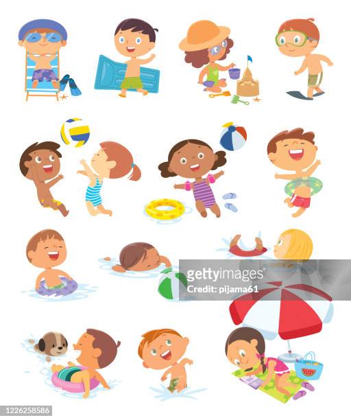 set von sommerszenen mit kindern. mädchen spielen mit sandburg. beachvolleyball - girls sunbathing stock-grafiken, -clipart, -cartoons und -symbole