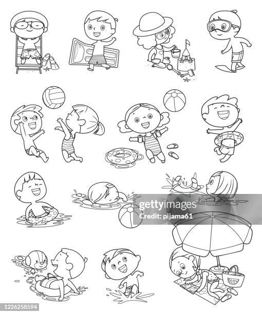 black and white, set of summer scenes with children. girl playing with sand castle. beach volleyball - girls beach volleyball stock illustrations