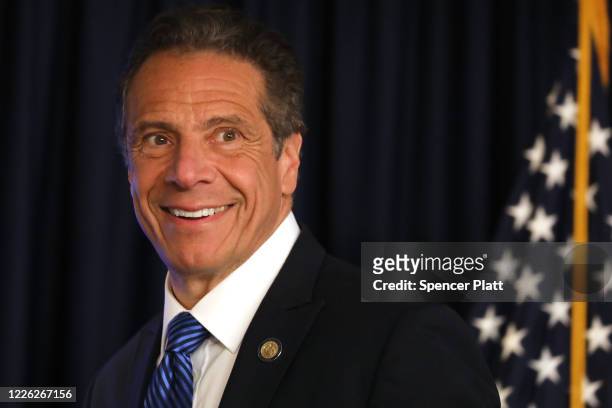 New York Governor Andrew Cuomo speaks to members of the media at a news conference on May 21, 2020 in New York City. While the governor continued to...