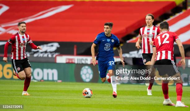 Chelsea's Christian Pulisic runs at the Sheffield United's Richairo Zivkovic defence during the Premier League match between Sheffield United and...