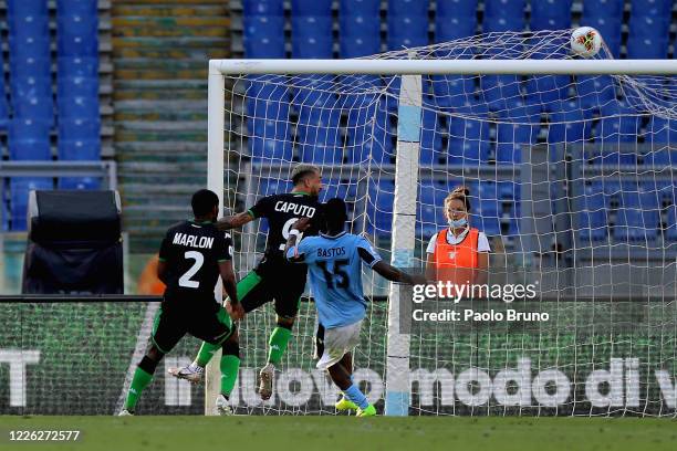 Francesco Caputo of US Sassuolo scores the team's second goal during the Serie A match between SS Lazio and US Sassuolo at Stadio Olimpico on July...