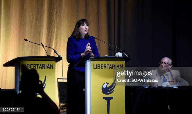 Jo Jorgensen, the 2020 presidential nominee of the Libertarian Party, gives her acceptance speech during the 2020 Libertarian National Convention at...