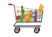 Grocery purchase. Shopping trolley cart full products. Foods and drinks, vegetables and fruits. Vector