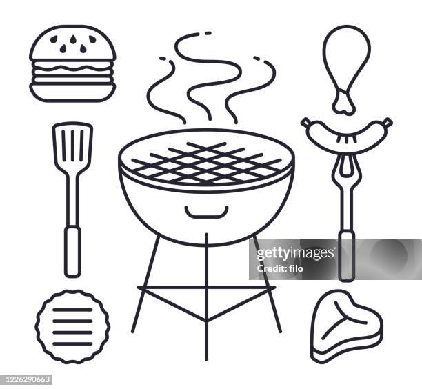 grilling line symbols - t bone steak stock illustrations