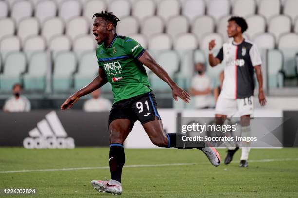 Duvan Zapata of Atalanta Bergamo celebrates 0-1 during the Italian Serie A match between Juventus v Atalanta Bergamo at the Allianz Stadium on July...