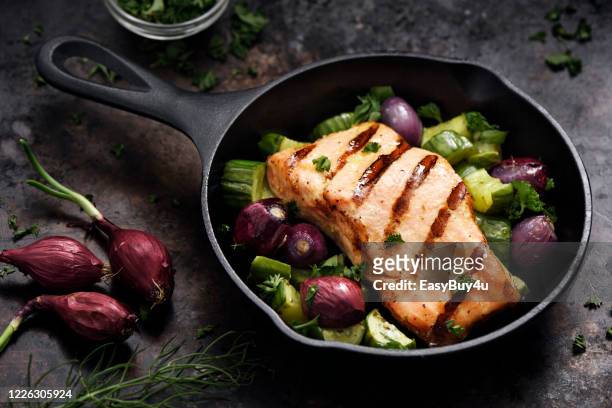 grilled salmon - cast iron stock pictures, royalty-free photos & images