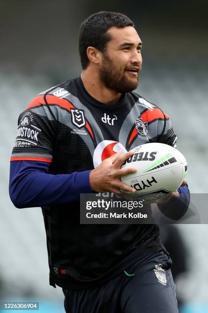 Peta Hiku of the Warriors smiles during a New Zealand Warriors NRL training session at Central Coast Stadium on May 22, 2020 in Gosford, Australia.