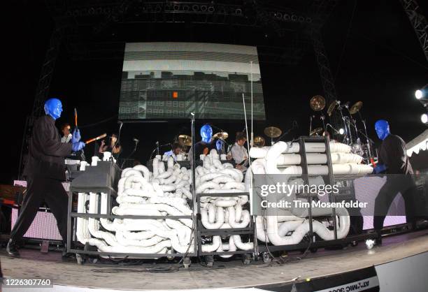 Blue Man Group perform during Coachella 2003 at the Empire Polo Fields on April 26, 2003 in Indio, California.