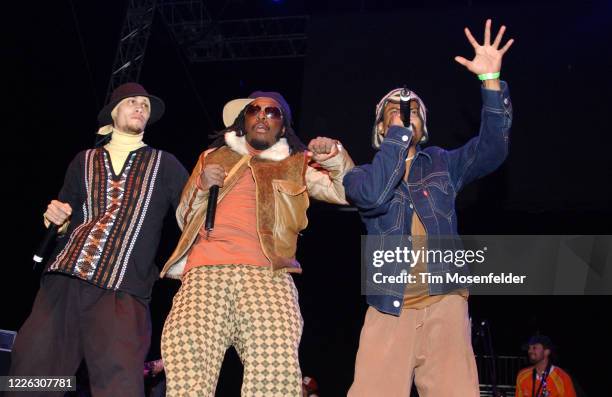 Taboo, Will.I.Am and apl.de.ap of Black Eyed Peas perform during Coachella 2003 at the Empire Polo Fields on April 26, 2003 in Indio, California.
