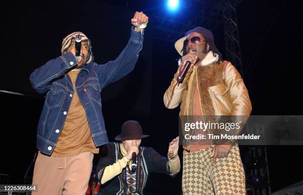 Apl.de.ap, Taboo, and Will.I.Am of Black Eyed Peas perform during Coachella 2003 at the Empire Polo Fields on April 26, 2003 in Indio, California.