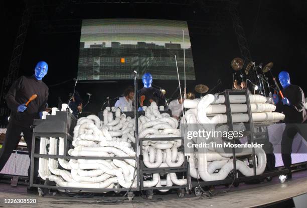 Blue Man Group perform during Coachella 2003 at the Empire Polo Fields on April 26, 2003 in Indio, California.