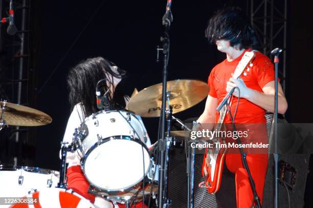 Meg White and Jack White of White Stripes perform during Coachella 2003 at the Empire Polo Fields on April 27, 2003 in Indio, California.