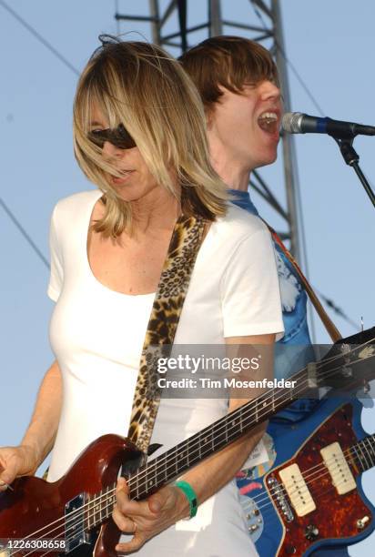 Kim Gordon and Thurston Moore of Sonic Youth perform during Coachella 2003 at the Empire Polo Fields on April 27, 2003 in Indio, California.