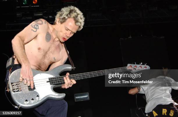 Flea of Red Hot Chili Peppers performs during Coachella 2003 at the Empire Polo Fields on April 27, 2003 in Indio, California.