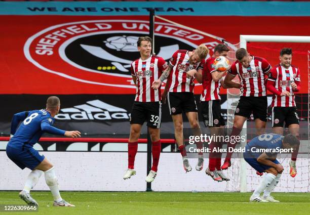 The free kick from Chelsea's Ross Barkley hits the wall during the Premier League match between Sheffield United and Chelsea FC at Bramall Lane on...