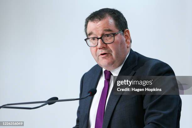 Finance Minister Grant Robertson speaks to media during a press conference at Parliament on May 22, 2020 in Wellington, New Zealand. Robertson...