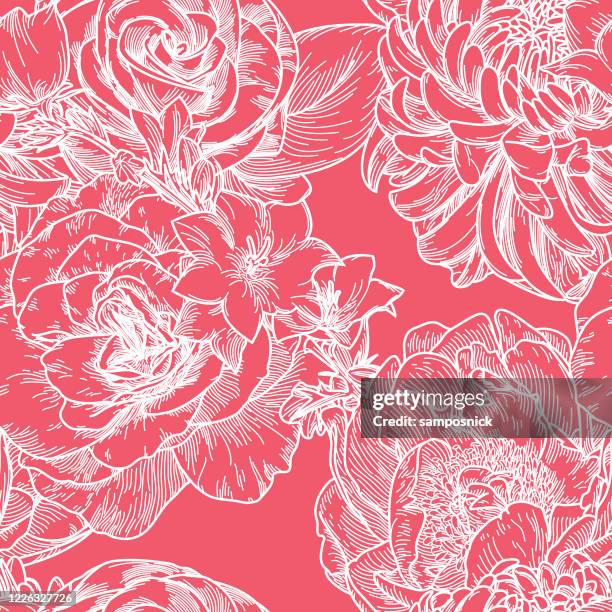 big bloom vintage line art seamless floral pattern - rose line stock illustrations