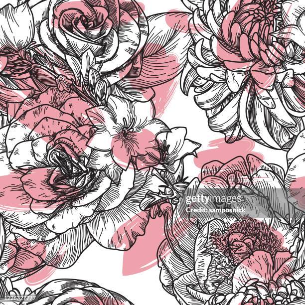 stockillustraties, clipart, cartoons en iconen met big bloom vintage line art naadloos bloemenpatroon - big flower background