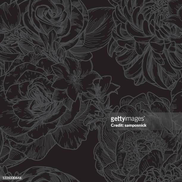big bloom vintage line art seamless floral pattern - flower black background stock illustrations