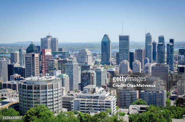 view of downtown montreal from mount royal mountain - montréal stock-fotos und bilder