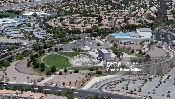 An aerial view shows the closed Henderson Pavilion open-air theater on May 21, 2020 in Henderson, Nevada. On May 19, the Henderson City Council voted...
