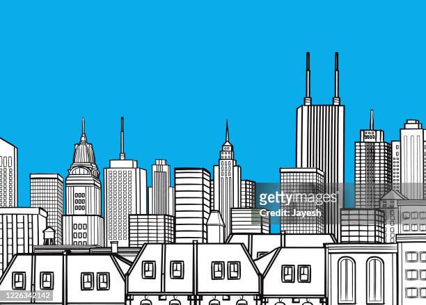 city landscape vector illustration drawing blue & black & white horizontal design - industrial loft stock illustrations