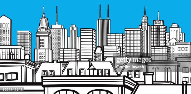city landscape vector illustration drawing blue & black & white horizontal design - population density stock illustrations