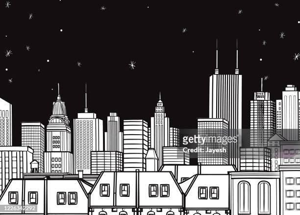 night city landscape vector illustration drawing black & white horizontal design - industrial loft stock illustrations