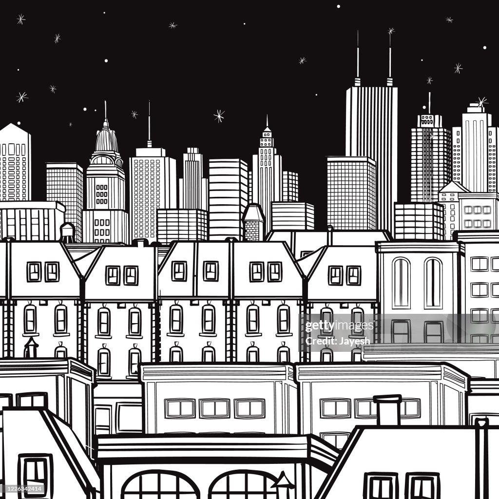 Night City Landscape Vector Illustration Drawing Black White Square Design  High-Res Vector Graphic - Getty Images