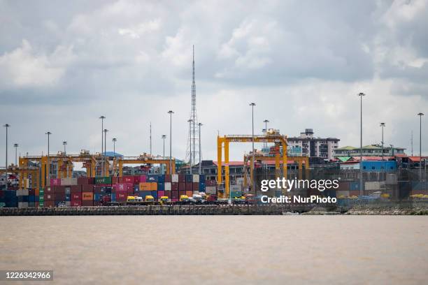 General view of the Asia World port terminal located along the Yangon river in Yangon, Myanmar on 12 July, 2020.