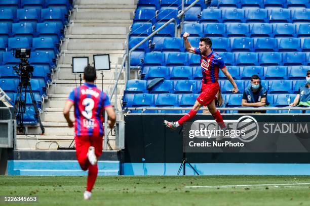 Edu Exposito of SD Eibar celebrating a goal during La Liga match between RCD Espanyol and SD Eibar at RCD Stadium on June 13, 2020 in Barcelona,...