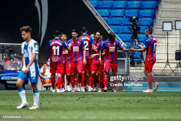 Edu Exposito of SD Eibar celebrating a goal with his team mates during La Liga match between RCD Espanyol and SD Eibar at RCD Stadium on June 13,...