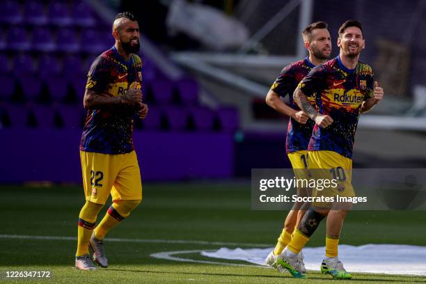 Arturo Vidal of FC Barcelona, Jordi Alba of FC Barcelona, Lionel Messi of FC Barcelona during the La Liga Santander match between Real Valladolid v...