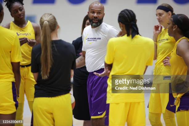 Derek Fisher of the Los Angeles Sparks talks with his players during practice on July 11, 2020 at IMG Academy in Bradenton, Florida. NOTE TO USER:...